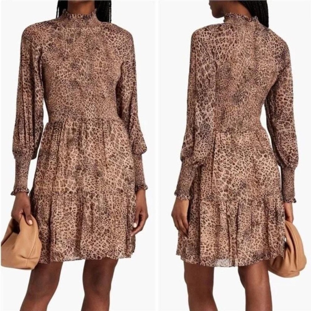 ML Monique Lhuillier Smocked Mini Dress Women Leopard Print Bishop Sleeve Size 4